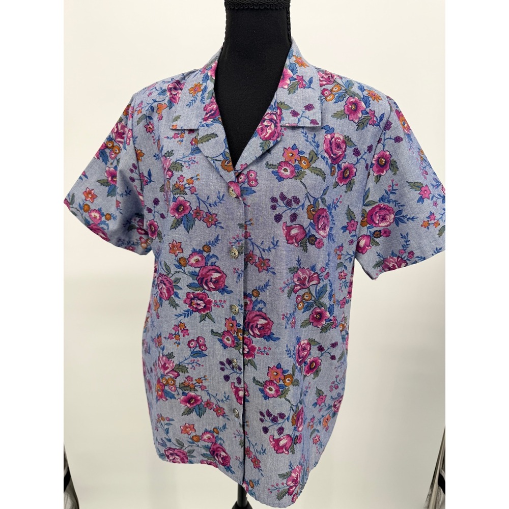 Cricket Lane Floral Button Down Shirt Womens 14 Blue Pink Good Vintage USA Made